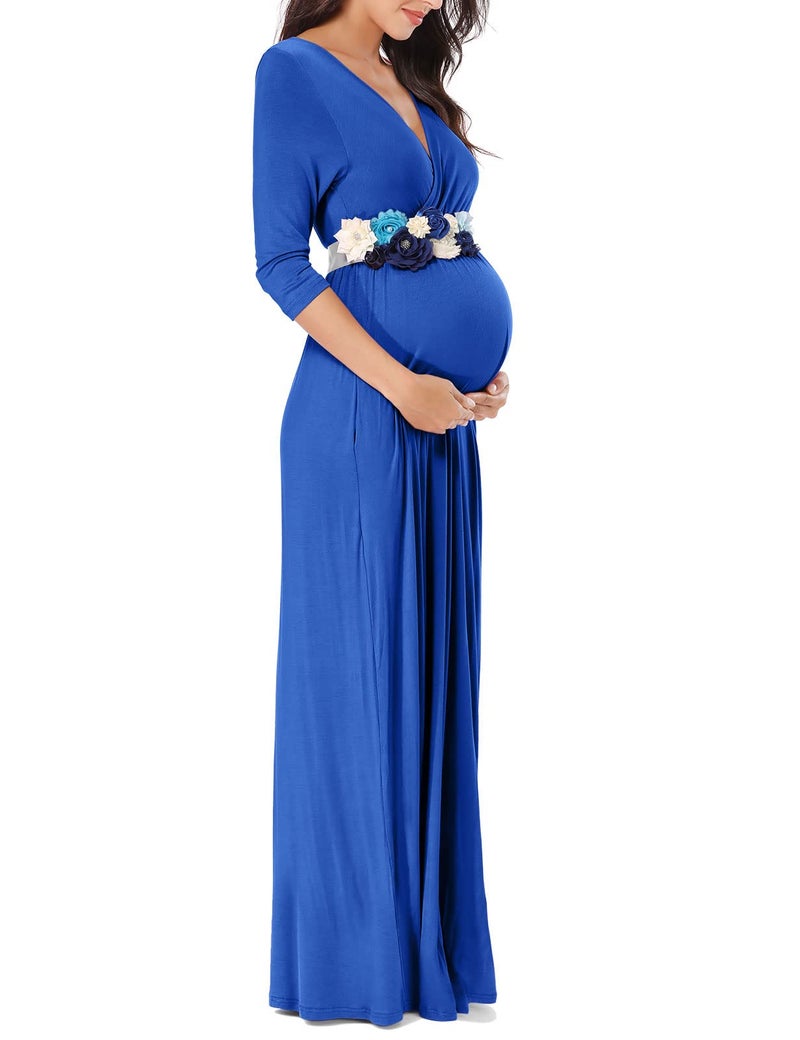 KIM S Maternity Dress Winter Photoshoot Maternity Photoshoot Christmas Baby Shower Wrap Nursing Long Wedding Guest 2025 (Royal Blue L) - Image 4